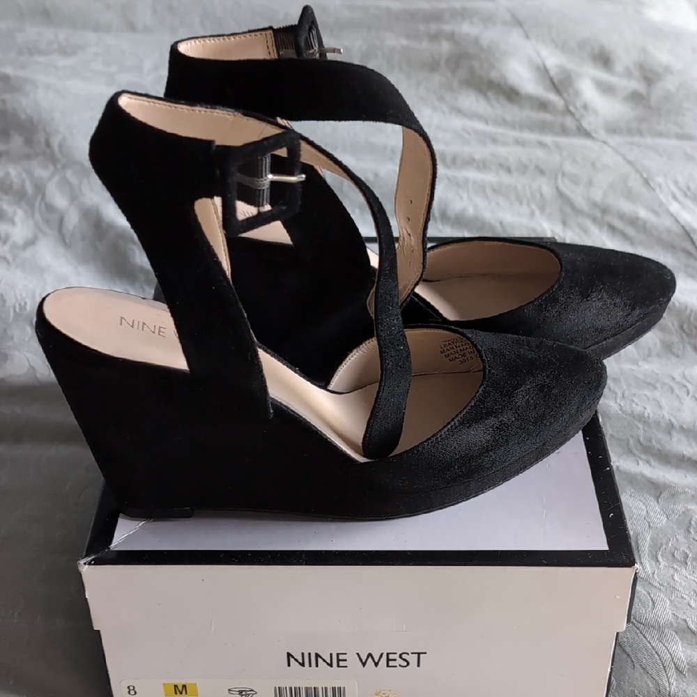 Nine West Black Suede Ankle Strap Pumps
